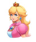  1girl bangs blonde_hair blue_earrings blue_eyes breasts crown dated earrings highres jewelry long_hair looking_at_viewer super_mario_bros. nintendo parted_lips princess_peach puffy_short_sleeves puffy_sleeves ravenousruss short_sleeves sidelocks signature simple_background smile solo sparkle super_mario_bros. upper_body white_background 