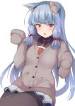 1girl absurdres animal_ear_fluff animal_ears bangs blue_hair blush brown_cardigan brown_eyes brown_legwear cardigan cat_ears commentary_request covered_collarbone dress dyson_(edaokunnsaikouya) eyebrows_visible_through_hair fang hair_ribbon hands_up highres jewelry kantai_collection kemonomimi_mode long_hair long_sleeves looking_at_viewer murakumo_(kantai_collection) necklace pantyhose parted_lips red_neckwear red_ribbon ribbon sidelocks simple_background sleeves_past_fingers sleeves_past_wrists solo tress_ribbon very_long_hair white_background white_dress 