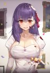  1girl :d bangs blood blush breasts candy cleavage collarbone commentary_request confetti covered_navel crescent crescent_earrings earrings elbow_gloves eto_(nistavilo2) fate/stay_night fate_(series) food gloves hair_between_eyes hair_ribbon heaven&#039;s_feel highres holding jewelry large_breasts long_hair looking_at_viewer matou_sakura necklace open_mouth picture_frame puffy_short_sleeves puffy_sleeves purple_hair red_eyes red_ribbon revision ribbon shirt short_sleeves smile solo standing star star_earrings upper_body white_gloves white_shirt 
