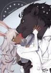  1boy 1girl animal_ears blush breasts cleavage dark_skin final_fantasy final_fantasy_xiv formal grey_hair height_difference highres hrothgar kurono_yuu light_blush long_hair looking_at_another monster_boy one_eye_closed rabbit_ears red_eyes smile suit tongue tongue_out upper_body very_long_hair viera whiskers white_suit yellow_eyes 