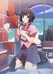  1girl animal artist_request black_cat black_eyes black_hair book breasts cat hair_ornament hairclip hanekawa_tsubasa holding holding_book kneeling large_breasts looking_at_viewer monogatari_(series) official_art parted_lips school_uniform shoes short_hair skirt socks solo source_request white_cat window 