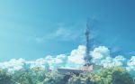  bird blue_sky clouds day hatsuame highres no_humans original outdoors radio_tower satellite_dish scenery sky summer tree 