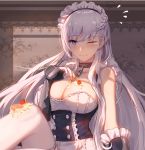  1girl 5555_96 apron azur_lane bare_shoulders belfast_(azur_lane) blue_eyes braid breasts buttons chains cleavage closed_mouth collar collarbone dress flying_sweatdrops food french_braid frilled_apron frills fruit gauntlets gloves hand_up highres knee_up large_breasts long_hair looking_at_viewer maid_apron maid_headdress one_eye_closed pancake sitting solo strawberry tears thigh-highs underbust very_long_hair white_dress white_gloves white_hair white_legwear 
