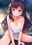  1girl :3 bangs between_legs blue_eyes blush breasts brown_hair cleavage closed_mouth collarbone commentary_request eyebrows_visible_through_hair hair_between_eyes hand_between_legs ichinose_shiki idolmaster idolmaster_cinderella_girls long_hair looking_at_viewer medium_breasts naked_towel night onsen outdoors revision sitting smile solo steam towel very_long_hair wariza water yan_(nicknikg) 