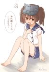  1girl alternate_costume blue_sailor_collar blue_shorts brown_eyes brown_hair commentary_request dated fang fujisaki_yuu jewelry kantai_collection open_mouth ring ryuujou_(kantai_collection) sailor_collar sailor_shirt shadow shirt shorts simple_background sitting skin_fang smile solo translation_request twintails twitter_username visor_cap wedding_band white_background white_shirt 