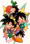  1girl 3boys ;d armor baby bardock beige_background black_eyes black_hair brothers burdock_root carrot carrying chibi closed_eyes d: diaper dragon_ball dragon_ball_super_broly family father_and_son food frown gine happy highres holding looking_at_viewer mother_and_son motunabe707070 multiple_boys nervous one_eye_closed open_mouth radish raditz scar serious siblings simple_background sleeping smile son_gokuu spiky_hair spring_onion star sweatdrop twitter_username vegetable wavy_mouth wristband 