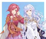  2girls blue_eyes cloak diadora_(fire_emblem) dress ethlin_(fire_emblem) fire_emblem fire_emblem:_seisen_no_keifu long_hair mememefe multiple_girls nintendo pink_eyes pink_hair smile wavy_hair white_dress white_hair 