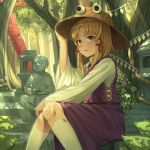  1girl absurdres bangs blonde_hair blush brown_headwear commentary_request dappled_sunlight day feet_out_of_frame flower forest goback hair_ornament hand_on_headwear highres huge_filesize kneehighs leaf long_hair long_sleeves looking_afar looking_away moriya_suwako nature outdoors parted_bangs parted_lips purple_skirt purple_vest rope shirt sidelocks sitting skirt solo stairs statue stone_lantern sunlight torii touhou tree vest white_flower white_legwear white_shirt yellow_eyes 