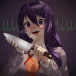  1girl :d artist_name bangs blood bloody_clothes bloody_hands blush breasts cardiogram cleavage commentary cuts doki_doki_literature_club english_commentary eyebrows_visible_through_hair fangs grey_jacket hair_between_eyes hair_ornament hairclip heart heart_in_eye heavy_breathing highres holding holding_knife injury jacket knife long_hair long_sleeves looking_at_viewer open_mouth purple_hair sample sasoura school_uniform shirt smile solo spoilers sweat symbol_in_eye upper_body violet_eyes white_shirt yuri_(doki_doki_literature_club) 