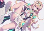 1girl armor bangs blonde_hair blush breasts cleavage_cutout covered_navel dress earrings gem headpiece mythra_(xenoblade) huanxiang_huifeng jewelry large_breasts long_hair nintendo shoulder_armor solo swept_bangs thigh_strap tiara xenoblade_(series) xenoblade_2 yellow_eyes 