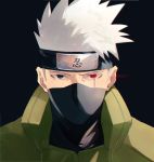  1boy black_background blue_eyes hatake_kakashi headband heterochromia looking_at_viewer male_focus mask naruto_(series) oriharaizaya0111 portrait red_eyes scar scar_across_eye sharingan silver_hair simple_background solo spoilers 