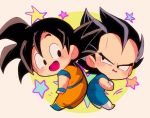  2boys :d annoyed back-to-back beige_background black_eyes black_hair blush boots chibi circle crossed_arms dougi dragon_ball dragonball_z frown happy looking_back male_focus motunabe707070 multiple_boys open_mouth simple_background smile son_gokuu spiky_hair star starry_background vegeta 