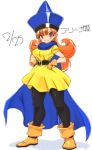  1girl alena_(dq4) blush boots breasts cape closed_mouth commentary_request curly_hair dragon_quest dragon_quest_iv dress earrings gloves hat jewelry long_hair looking_at_viewer nyantiu orange_hair pantyhose red_eyes simple_background smile solo white_background 
