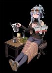  1girl alternate_costume alternate_hairstyle black_background blue_hair book breasts cleavage cleavage_cutout coffee combat_knife cup denim eyewear_on_head girls_frontline green_eyes hair_ornament hair_stick highres hk416_(girls_frontline) ihobus jeans jewelry kettle knife korean_text large_breasts map necklace pants shawl smile solo stool sunglasses table tied_hair weapon 