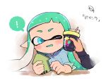  ! 1girl aqua_hair blue_eyes blush cellphone cup domino_mask drawstring drinking_straw holding holding_cup holding_phone inkling kirikuchi_riku long_hair mask open_mouth phone pointy_ears smartphone solo_focus speech_bubble splatoon splatoon_(series) splatoon_2 spoken_exclamation_mark tentacle_hair upper_body 