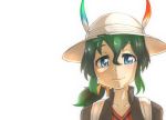  1girl bangs black_hair black_jacket blue_eyes collarbone commentary eyebrows_visible_through_hair green_hair hair_between_eyes hat hat_feather highres jacket kaban_(kemono_friends) kemono_friends long_hair looking_at_viewer low_ponytail multicolored_hair portrait red_shirt sad_smile shirt simple_background smile solo tears thin_(suzuneya) two-tone_hair white_background white_headwear 