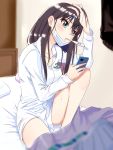 1girl bed_sheet bedroom black_hair black_sweater blurry blurry_background blurry_foreground breasts cellphone cleavage collarbone collared_shirt dress_shirt green_eyes hand_on_head head_tilt highres holding holding_phone idolmaster idolmaster_cinderella_girls jewelry long_hair long_sleeves mask medium_breasts mouth_hold naked_shirt necklace phone shibuya_rin shiki_(0802makimari) shirt sitting smartphone solo sweatdrop sweater sweater_removed thermometer under_covers white_shirt wing_collar 