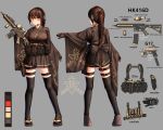  1girl absurdres assault_rifle black_legwear brown_hair character_sheet color_guide commentary foregrip glock gloves gun h&amp;k_hk416 handgun headset highres holding holding_gun holding_weapon holster holstered_weapon load_bearing_equipment ohoo_7am orange_eyes original pistol ponytail rifle simple_background thigh-highs thigh_holster weapon wide_sleeves 