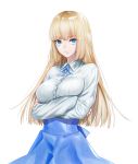  1girl bangs blonde_hair blue_eyes blue_ribbon blue_skirt breasts buttons closed_mouth collared_shirt crossed_arms dress_shirt eyebrows_visible_through_hair high-waist_skirt large_breasts long_hair long_sleeves looking_at_viewer neck_ribbon original ribbon shiny shiny_hair shirt shirt_tucked_in sidelocks simple_background skirt solo standing straight_hair striped striped_shirt waka_(shark_waka) white_background white_shirt wide-eyed 