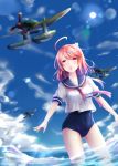  1girl absurdres ahoge aircraft airplane ass_visible_through_thighs bangs blue_sailor_collar blue_sky blue_swimsuit blurry blurry_background breasts clouds cloudy_sky eyeshadow fingernails groin hair_ornament highres i-58_(kantai_collection) kantai_collection lens_flare lipgloss long_fingernails m6a_seiran makeup medium_breasts nail_polish necktie new_school_swimsuit one-piece_swimsuit open_mouth pink_eyes pink_hair pink_nails red_neckwear round_teeth sailor_collar school_swimsuit seiya_(iiseven) shirt short_hair short_hair_with_long_locks short_sleeves sidelocks signature sky sun swimsuit swimsuit_under_clothes teeth thighs wading water white_shirt 