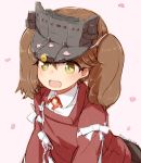  1girl alchera all_fours brown_eyes brown_hair cherry_blossoms commentary_request japanese_clothes kantai_collection kariginu long_hair magatama open_mouth petals ryuujou_(kantai_collection) smile solo twintails twitter_username upper_body visor_cap white_background 