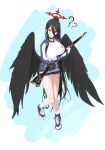  1girl ? ?? absurdres black_choker black_hair black_wings blue_archive bolt_action breasts choker feathered_wings gun gym_shirt gym_shorts gym_uniform hair_between_eyes halo hasumi_(blue_archive) high_ponytail highres jacket large_breasts large_wings looking_at_viewer low_wings m1917_enfield mark_jin mole mole_under_eye official_alternate_costume partially_unzipped ponytail red_eyes red_halo rifle shirt shoes shorts simple_background sneakers socks track_jacket weapon white_socks wings 