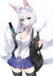 1girl animal_ears azur_lane bag bangs black_legwear blue_eyes breasts cardigan cellphone cleavage collared_shirt commentary_request cowboy_shot eyebrows_visible_through_hair eyeliner eyeshadow flip_phone fox_ears fox_tail highres kaga_(azur_lane) large_breasts looking_at_viewer luse_maonang makeup multiple_tails no_bra off_shoulder parted_lips partially_unbuttoned phone pleated_skirt shirt short_hair shoulder_bag silver_hair simple_background skirt solo tail thigh-highs tote_bag white_background white_hair zettai_ryouiki 