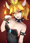  1girl absurdres bare_shoulders black_collar black_dress black_nails blonde_hair blue_eyes bowsette bracelet breasts cleavage collar crown dress fangs fingernails hair_between_eyes heterochromia highres horns jewelry kuno_(runkunochan) looking_at_viewer super_mario_bros. medium_breasts nail_polish new_super_mario_bros._u_deluxe nintendo open_mouth red_eyes sharp_fingernails smile solo spiked_armlet spiked_bracelet spiked_collar spikes strapless strapless_dress super_crown upper_body 