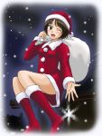  1girl :d amagami boots breasts brown_eyes brown_hair christmas commentary_request dress gradient_border hat holding holding_sack kamosikayasyamoji knee_boots light_blush looking_at_viewer night night_sky one_eye_closed open_mouth reaching_out red_dress red_footwear rooftop sack santa_costume santa_dress santa_hat short_hair sitting sitting_on_roof sky small_breasts smile snowflakes snowing solo star_(sky) starry_sky tachibana_miya thighs upskirt 
