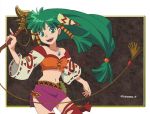  1girl anime_coloring bare_shoulders belt cowboy_shot cross-laced_clothes feena_(grandia) floating_hair frame grandia grandia_i green_eyes green_hair hair_ornament hair_tubes holding_whip jewelry long_hair long_sleeves looking_at_viewer low-tied_long_hair midriff miniskirt navel official_style open_mouth out_of_frame pendant pink_skirt red_legwear skirt smile solo teeth thigh-highs torn_clothes torn_legwear tsuna_e twitter_username weapon whip wide_sleeves zettai_ryouiki 