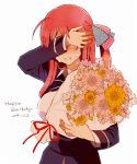  1girl ahoge bouquet bow covering_eyes crying dated flower happy_birthday kutsuwada_on long_hair minamoto_sakura polka_dot polka_dot_bow redhead tears zombie_land_saga 