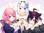  3girls ahoge animal_ears bangs bell bell_choker black_choker black_hair black_hairband black_jacket blue_eyes blush braid breasts breath cat_ears choker closed_mouth commentary_request fang fingernails food hair_between_eyes hairband heterochromia highres holding holding_food horns jacket jingle_bell long_hair long_sleeves looking_at_viewer multiple_girls nail_polish oni oni_horns orange_eyes original pink_hair rabbit_ears scarf short_eyebrows side_braid single_braid sleeves_past_wrists smile steam sweater thick_eyebrows turtleneck turtleneck_sweater violet_eyes waving white_hair yutazou 