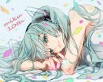  1girl bare_shoulders blue_background blue_eyes blue_hair blurry breasts character_name close-up commentary commentary_request confetti depth_of_field english_commentary face fingernails hatsune_miku long_hair looking_at_viewer lying medium_breasts number simple_background solo star symbol_commentary touji10_2 upper_body very_long_hair vocaloid 