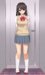  1girl arms_behind_back bangs black_hair blue_eyes blurry blurry_background blush bow bowtie collared_shirt cubicle eto eyebrows_visible_through_hair full_body grey_skirt groin highres indoors kneehighs latch long_sleeves looking_at_viewer miniskirt original pleated_skirt school_uniform shirt shoes skirt solo standing striped striped_bow striped_neckwear sweater_vest tile_floor tiles two_side_up uwabaki white_legwear white_shirt wing_collar 