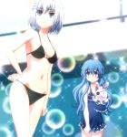  2girls bikini blue_eyes blue_hair date_a_live highres long_hair multiple_girls one-piece_swimsuit screencap short_hair stitched swimsuit third-party_edit tobiichi_origami white_hair yoshino_(date_a_live) yoshinon 