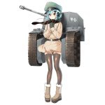  1girl belt black_legwear blue_hair blush boots brown_eyes cannon coat full_body hair_ornament hairclip hands_on_own_chest hat headphones looking_at_viewer martin_(milihime_taisen) milihime_taisen military_hat mittens official_art scarf short_hair solo standing thigh-highs track transparent_background winter_clothes winter_coat 