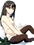  1girl between_legs black_hair black_legwear black_shorts blurry blurry_background blurry_foreground coat coat_removed earrings green_coat green_eyes hand_between_legs highres idolmaster idolmaster_cinderella_girls jewelry legwear_under_shorts long_hair long_sleeves looking_at_viewer open_mouth pantyhose ribbed_sweater shadow shibuya_rin shiki_(0802makimari) short_shorts shorts signature simple_background sitting solo sweater turtleneck turtleneck_sweater white_background white_sweater 