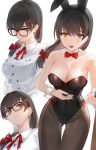  1girl :o animal_ears bare_arms bare_shoulders black-framed_eyewear black_hair black_legwear black_leotard blush bow breasts bunnysuit cleavage collarbone collared_shirt commentary_request fake_animal_ears glasses hair_bow hair_ornament hair_over_shoulder highres kfr large_breasts leotard long_hair long_sleeves looking_at_viewer mole mole_under_eye multiple_views neck_ribbon open_mouth orange_eyes original pantyhose rabbit_ears red_bow red_neckwear red_ribbon ribbon shirt simple_background strapless strapless_leotard thigh_gap upper_teeth white_background white_shirt wing_collar wrist_cuffs x_hair_ornament 