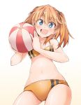  1girl ball bare_arms bare_shoulders beachball bibi bikini blue_eyes blush breasts eyebrows_visible_through_hair from_below hair_between_eyes hair_ornament highres holding holding_beachball light_brown_hair looking_at_viewer medium_breasts multicolored_hair navel orange_bikini orange_hair original simple_background solo swimsuit twintails two-tone_bikini two-tone_hair white_background 