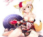  1girl alternate_costume animal_ear_fluff animal_ears bare_legs barefoot black_kimono black_umbrella blonde_hair blurry blurry_background blush breasts cherry_blossoms cleavage closed_mouth collarbone commentary_request cup depth_of_field fennec_(kemono_friends) floral_print flower fox_ears fox_girl fox_tail gradient_hair hair_flower hair_ornament head_tilt highres holding holding_cup japanese_clothes kemono_friends kimono legs long_hair long_sleeves looking_at_viewer makuran medium_breasts multicolored_hair off_shoulder oriental_umbrella petals pink_flower print_kimono red_flower sakazuki smile solo tail umbrella white_flower white_hair wide_sleeves yagasuri 