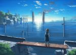  1girl artist_name backpack bag bird black_legwear black_skirt blue_sky brown_hair day facing_away from_behind highres house kneehighs ocean original outdoors pochi_(poti1990) scenery school_uniform shoes short_hair signature skirt sky sneakers solo standing water 