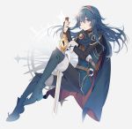  1girl bangs blue_dress blue_eyes blue_footwear blue_hair cape dress fire_emblem fire_emblem:_kakusei fire_emblem_heroes highres holding holding_sword holding_weapon intelligent_systems looking_at_viewer lucina nintendo ryonhei shoulder_armor super_smash_bros. sword tiara weapon wrist_cuffs 