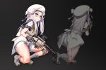  absurdres ass back beret boots bow closed_mouth from_behind glasses gloves gradient gradient_background green_eyes grenade_launcher gun hat highres kkuem long_hair official_art project_nikke ribbon sailor_collar short_sleeves shorts sidelocks simple_background squatting thighs weapon white_hair 
