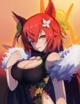  1girl animal_ear_fluff animal_ears bare_shoulders bell black_dress breasts center_opening cleavage cleavage_cutout dress eyebrows_visible_through_hair flower fox_ears fox_girl fur fur_trim hair_flower hair_ornament halo highres japanese_clothes kuroha_(rockluo213) large_breasts long_hair looking_at_viewer looking_to_the_side open_mouth original red_eyes redhead sleeveless solo tamamo_no_mae traditional_clothes 