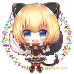  1girl :d bangs black_bow black_footwear black_gloves black_shirt black_skirt black_wings blonde_hair blue_eyes blush bow candy chibi commentary_request eyebrows_visible_through_hair fang feathered_wings food full_body gloves hair_between_eyes hair_bow lollipop maaru_(shironeko_project) mismatched_gloves mismatched_wings open_mouth puffy_short_sleeves puffy_sleeves red_bow red_legwear shironeko_project shirt shoes short_sleeves skirt smile solo standing striped striped_legwear swirl_lollipop thigh-highs twitter_username v-shaped_eyebrows vertical-striped_legwear vertical_stripes white_background white_gloves white_wings wings yukiyuki_441 