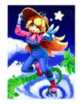  1girl ;) absurdres bangs bean_stalk blonde_hair blue_earrings blue_eyes blue_overalls blue_sky boots cappy_(mario) climbing clouds collarbone commentary earrings farmer full_body gloves hat highres jewelry long_hair long_sleeves looking_at_viewer super_mario_bros. mouth_hold nintendo one_eye_closed outdoors outstretched_arm overalls pink_footwear pink_shirt princess_peach ravenousruss shirt sidelocks sky smile solo star_(sky) sun_hat super_mario_odyssey v white_gloves 