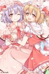  2girls :d ;) artist_name ascot bangs bat_wings black_legwear blonde_hair blue_hair blush bow branch cherry_blossoms commentary_request cowboy_shot crystal dress eyebrows_visible_through_hair fang flandre_scarlet frilled_shirt_collar frills from_behind hair_between_eyes hand_holding haruki_(colorful_macaron) hat hat_ribbon head_tilt highres interlocked_fingers looking_at_viewer looking_back mob_cap multiple_girls one_eye_closed open_mouth petals petticoat pink_dress pink_headwear puffy_short_sleeves puffy_sleeves red_bow red_eyes red_neckwear red_ribbon red_sash red_skirt red_vest remilia_scarlet ribbon sash shirt short_hair short_sleeves siblings sisters skirt skirt_set smile sparkle thigh-highs touhou twitter_username vest white_background white_bow white_headwear white_shirt wings wrist_cuffs 