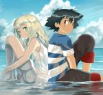 1boy 1girl back-to-back beach blonde_hair boots brown_eyes clouds commentary creatures_(company) dress game_freak green_eyes happy horizon knee_boots knees_to_chest kuriyama lillie_(pokemon) looking_to_the_side nintendo ocean pants pants_rolled_up pokemon pokemon_(anime) pokemon_sm_(anime) satoshi_(pokemon) side_braids sitting sky sleeveless sleeveless_dress smile tan wading water white_dress 