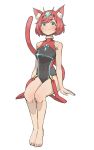  1girl absurdres animal_ears bangs bare_arms black_swimsuit blue_eyes breasts cat cat_ears collarbone competition_swimsuit covered_navel earrings gem headpiece highres pyra_(xenoblade) jewelry kiritzuguart large_breasts looking_at_viewer nintendo one-piece_swimsuit red_eyes redhead short_hair simple_background smile solo swept_bangs swimsuit tiara white_background xenoblade_(series) xenoblade_2 
