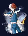  1boy absurdres belt blue_jacket blue_legwear boku_no_hero_academia burn_scar character_name commentary dark_background eyebrows_visible_through_hair fire grey_belt grey_eyes highres ice jacket male_focus multicolored_hair pants redhead scar short_hair simple_background solo todoroki_shouto two-tone_hair white_hair yorktown_cv-5 